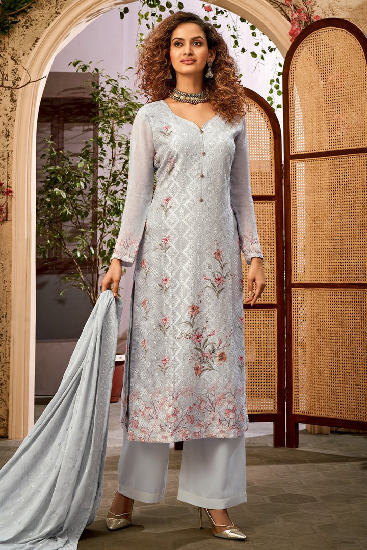 Viscose Fabric Party Wear Grey Color Printed Palazzo Suit
