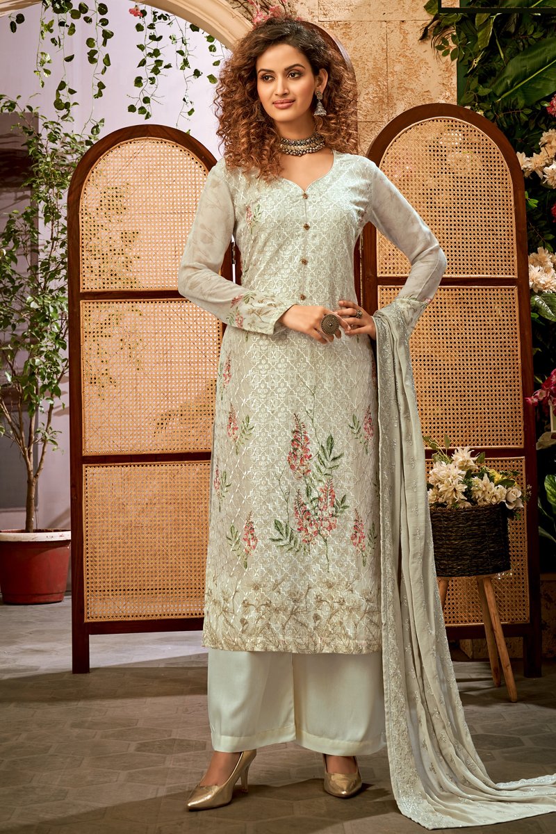 Viscose Fabric Function Wear Printed Palazzo Suit In Beige Color