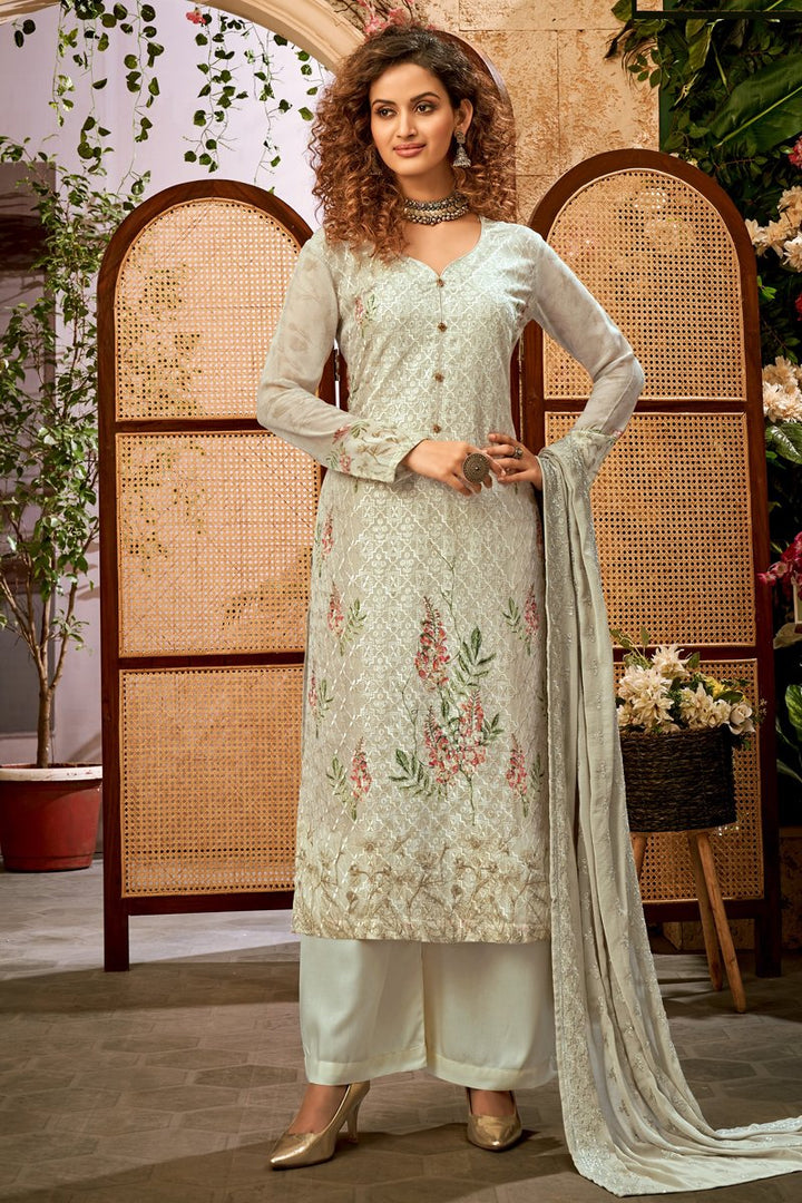Viscose Fabric Function Wear Printed Palazzo Suit In Beige Color