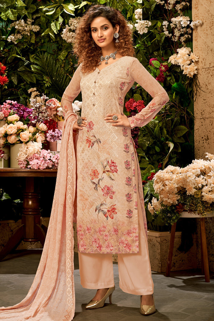 Party Wear Viscose Fabric Peach Color Printed Palazzo Suit