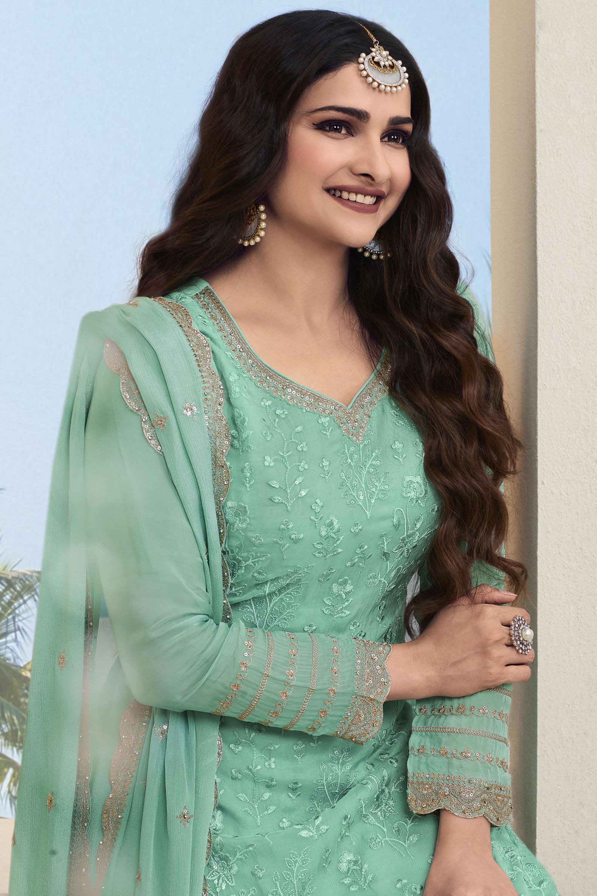 Prachi Desai Embroidered Sea Green Color Palazzo Salwar Suit In Organza Fabric