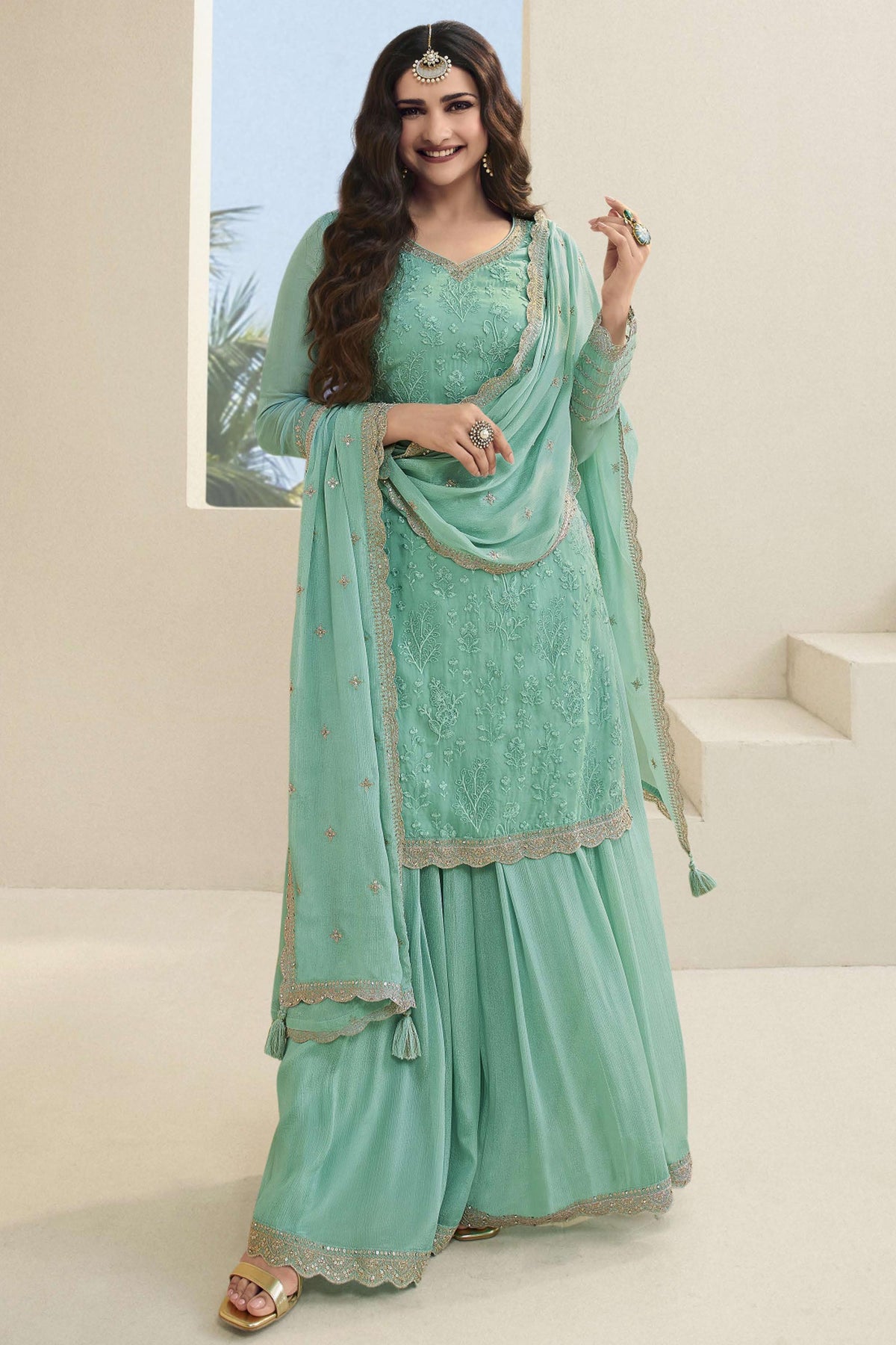 Prachi Desai Embroidered Sea Green Color Palazzo Salwar Suit In Organza Fabric