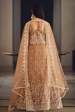 Brown Color Embroidered Wedding Wear Long Anarkali Salwar Suit In Net Fabric