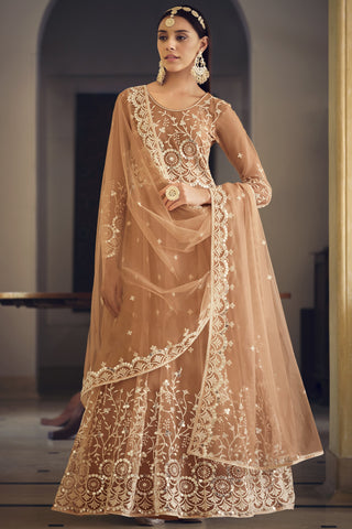 Brown Color Embroidered Wedding Wear Long Anarkali Salwar Suit In Net Fabric