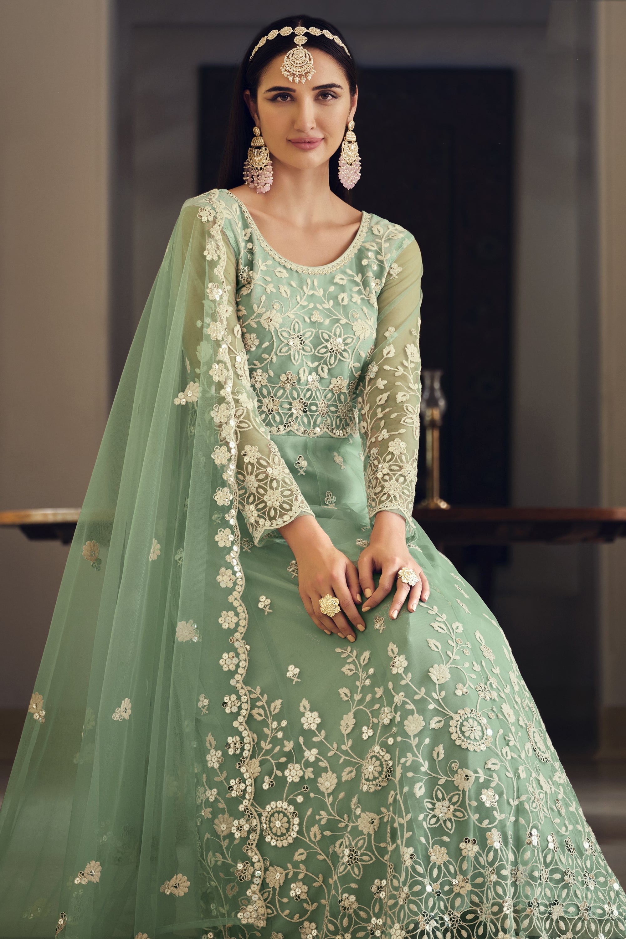 Embroidered Net Fabric Reception Wear Long Anarkali Salwar Kameez In Sea Green Color