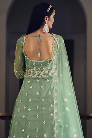 Embroidered Net Fabric Reception Wear Long Anarkali Salwar Kameez In Sea Green Color