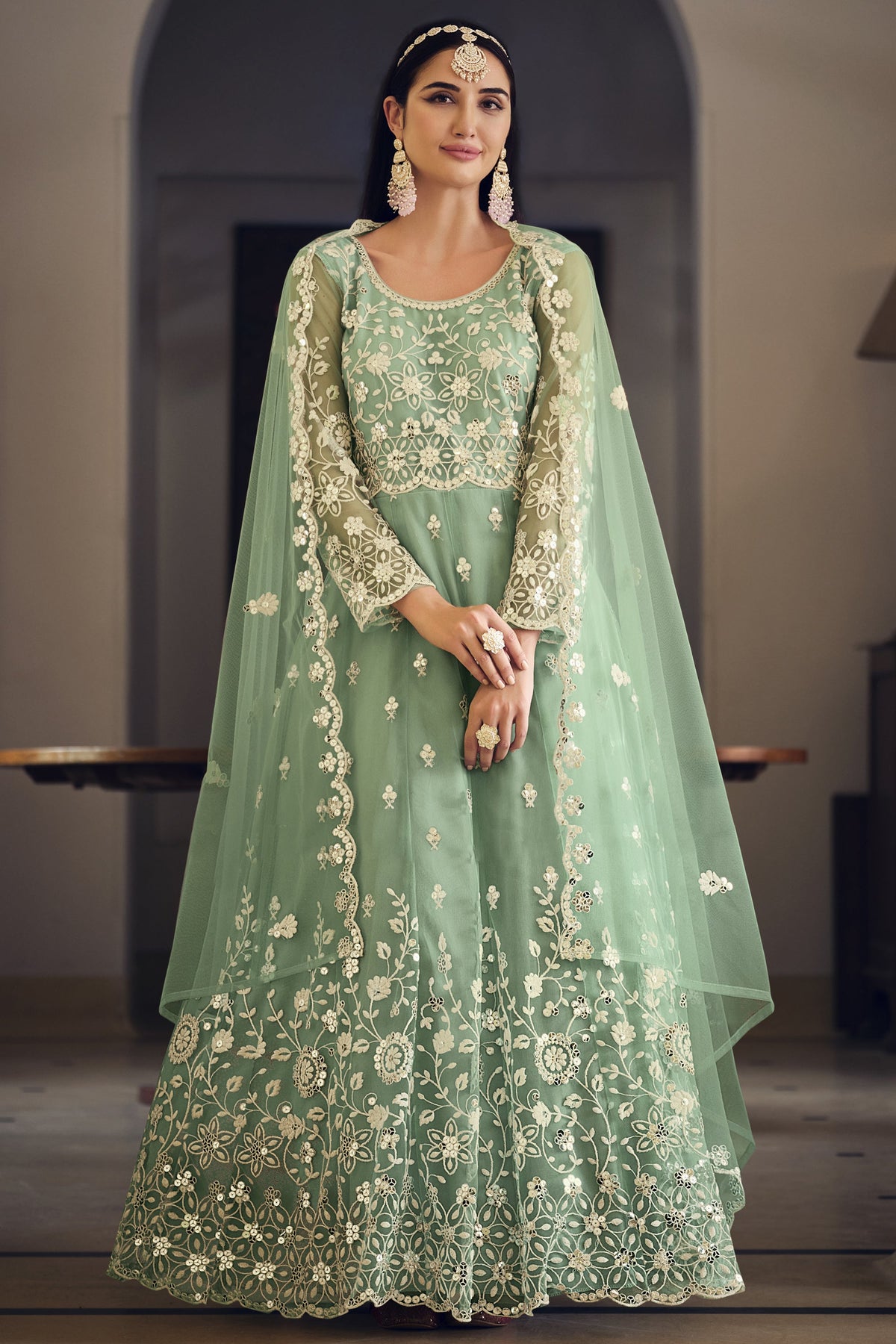 Embroidered Net Fabric Reception Wear Long Anarkali Salwar Kameez In Sea Green Color