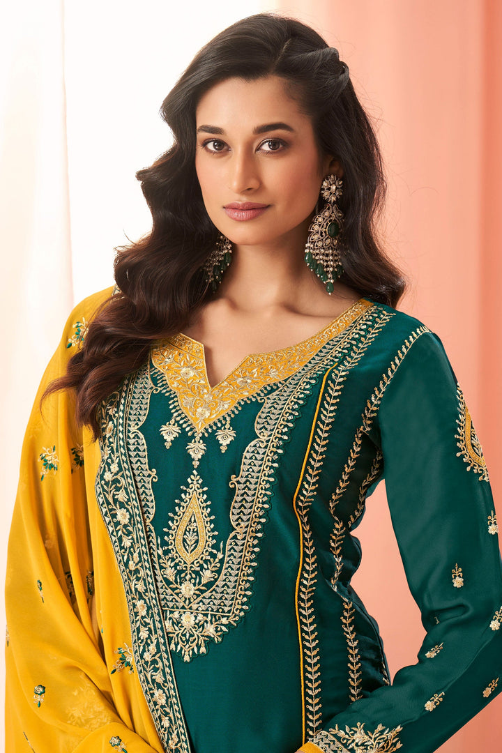 Readymade Teal Color Embroidered Palazzo Salwar Suit In Art Silk Fabric