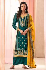 Load image into Gallery viewer, Readymade Teal Color Embroidered Palazzo Salwar Suit In Art Silk Fabric