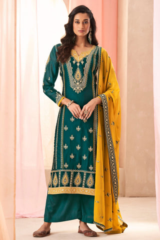 Readymade Teal Color Embroidered Palazzo Salwar Suit In Art Silk Fabric