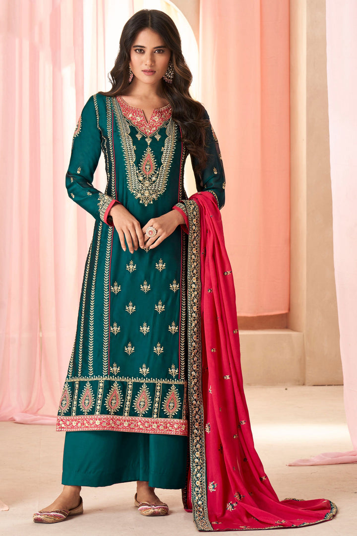 Beautiful Sangeet Wear Teal Color Embroidered Art Silk Fabric Readymade Palazzo Suit