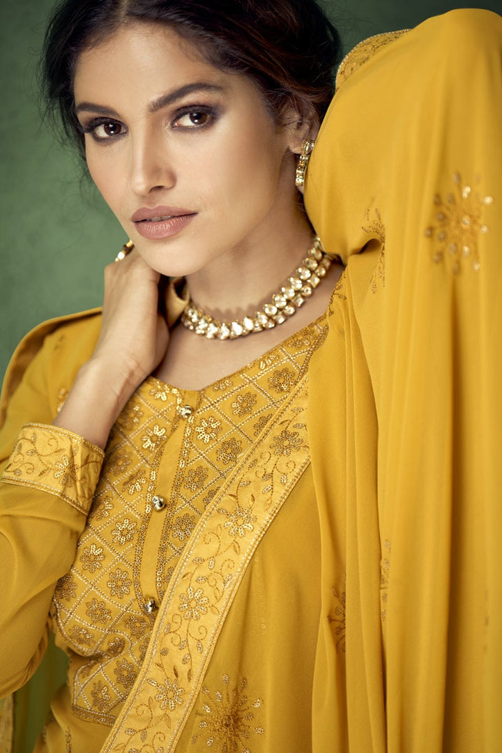 Festive Wear Yellow Color Embroidered Georgette Fabric Designer Salwar Suit