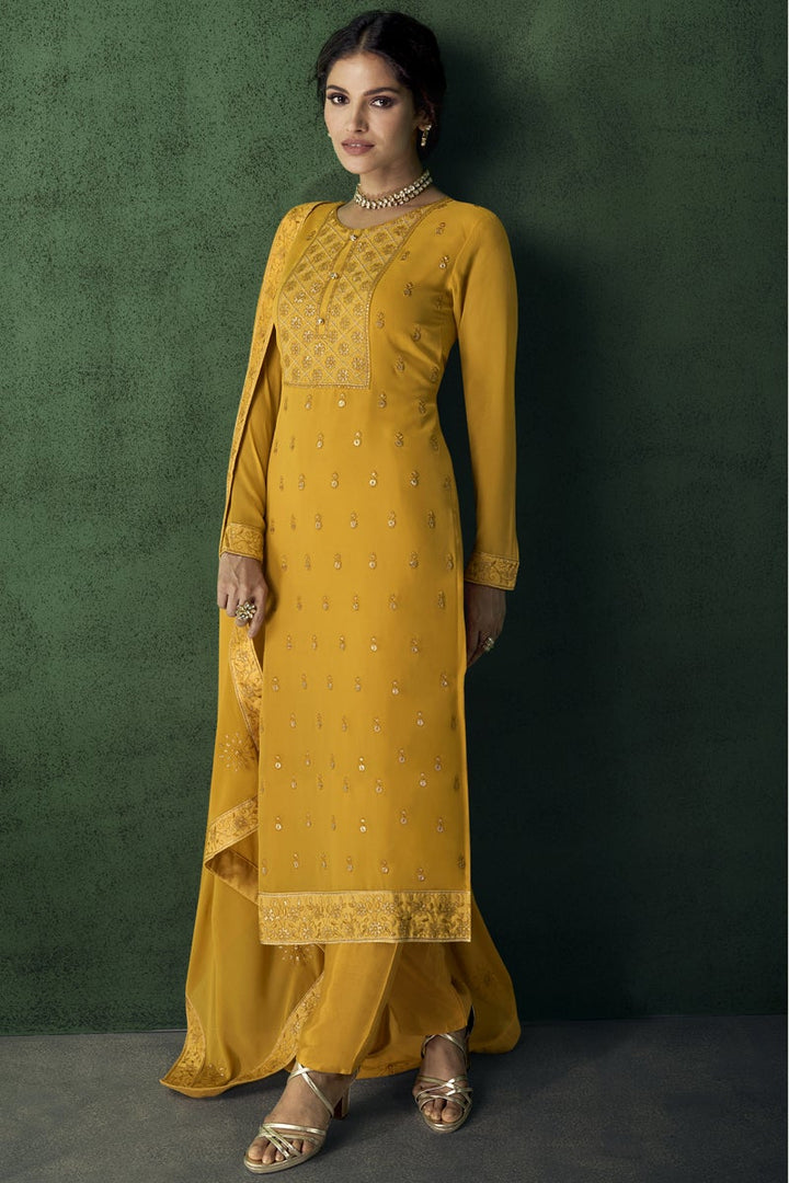 Festive Wear Yellow Color Embroidered Georgette Fabric Designer Salwar Suit