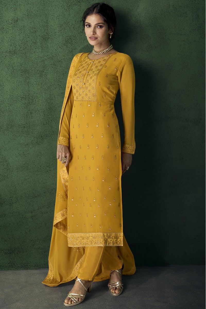 Festive Wear Yellow Color Embroidered Georgette Fabric Designer Salwar Suit