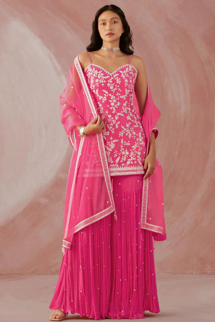 Pink Color Georgette Fabric Splendid Sharara Suit In Function Wear
