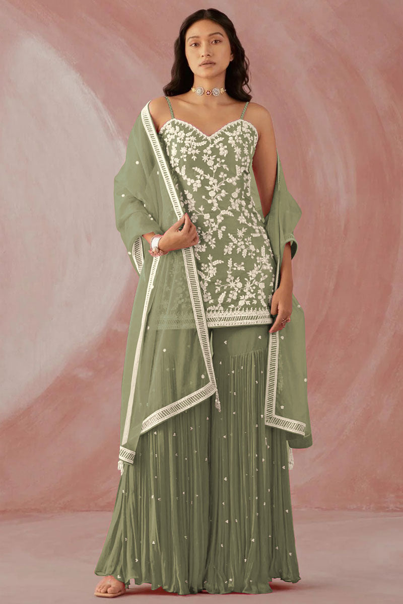 Khaki Color Georgette Fabric Fascinating Function Wear Sharara Suit | Buy Online India
