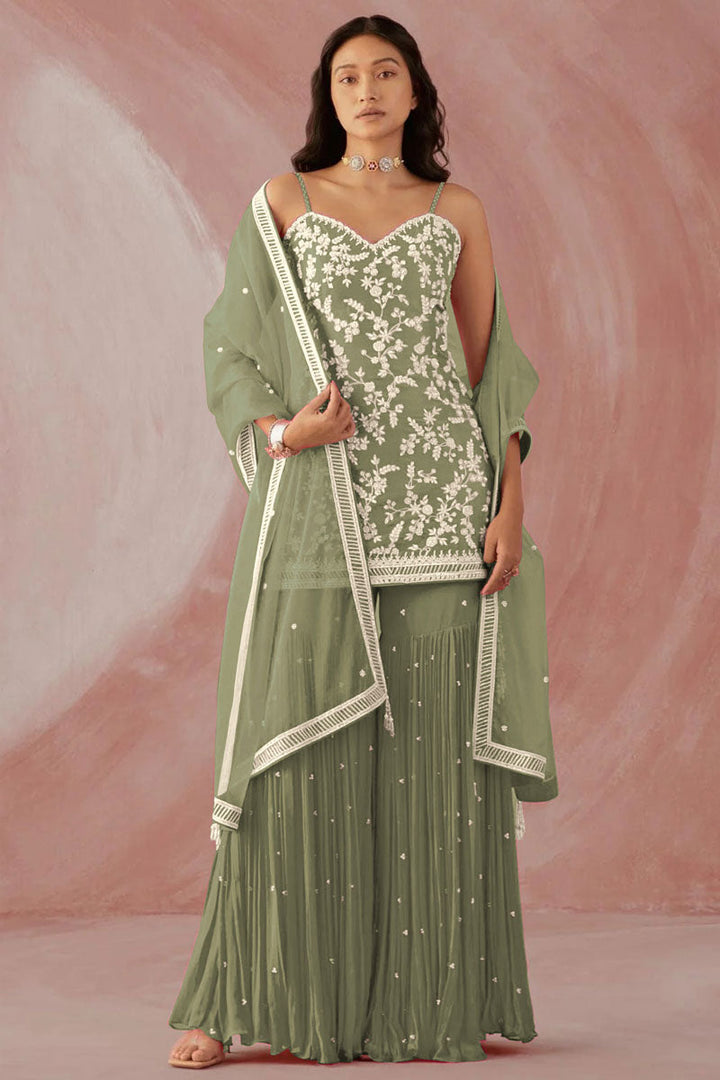 Khaki Color Georgette Fabric Fascinating Function Wear Sharara Suit