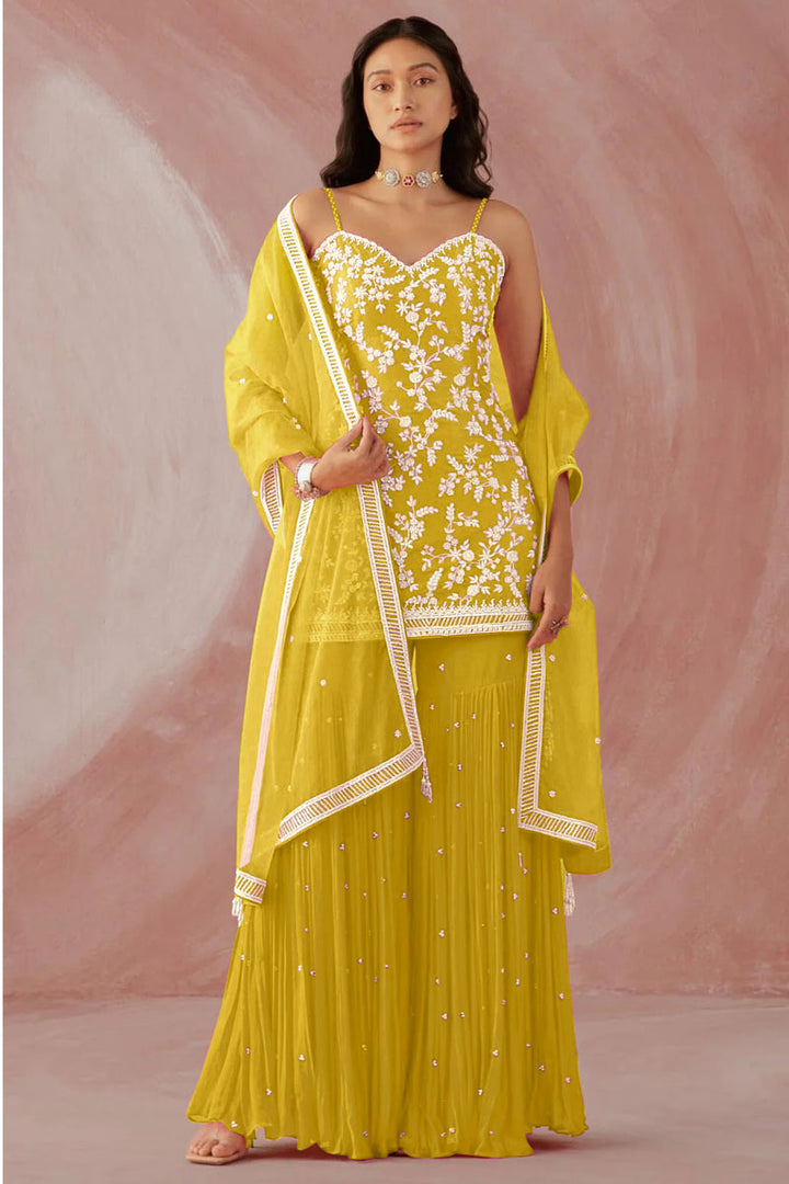 Georgette Fabric Yellow Color Function Wear Incredible Sharara Suit