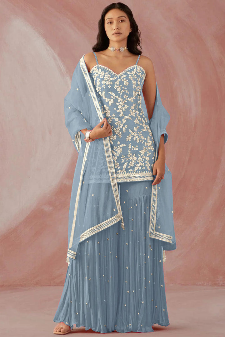 Georgette Fabric Sky Blue Color Function Wear Fantastic Sharara Suit