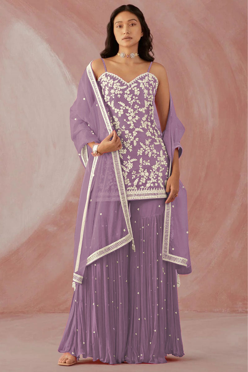Function Wear Georgette Fabric Lavender Color Breathtaking Sharara Suit | Buy Online India