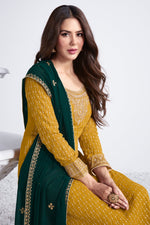 Load image into Gallery viewer, Georgette Fabric Function Wear Embroidered Designer Palazzo Suit In Mustard Color
