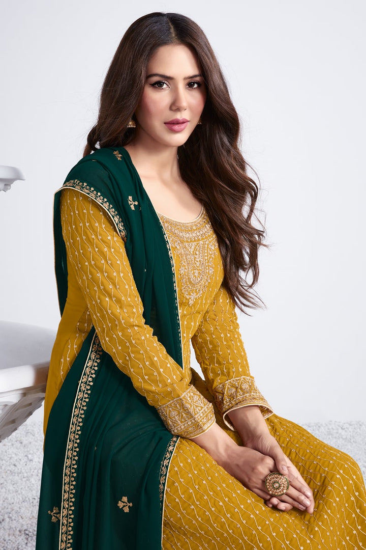 Georgette Fabric Function Wear Embroidered Designer Palazzo Suit In Mustard Color