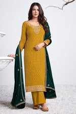 Load image into Gallery viewer, Georgette Fabric Function Wear Embroidered Designer Palazzo Suit In Mustard Color

