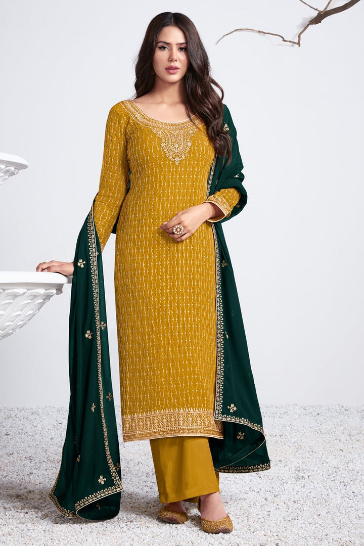 Georgette Fabric Function Wear Embroidered Designer Palazzo Suit In Mustard Color