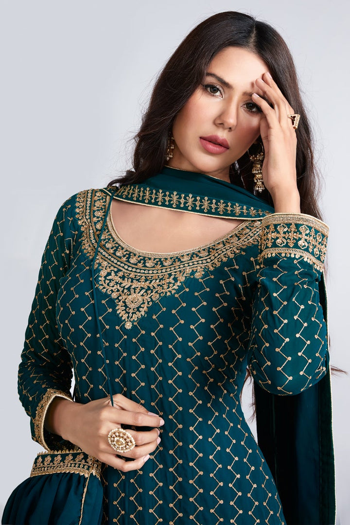 Teal Color Georgette Fabric Fancy Embroidered Function Wear Designer Palazzo Suit