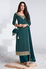 Load image into Gallery viewer, Teal Color Georgette Fabric Fancy Embroidered Function Wear Designer Palazzo Suit
