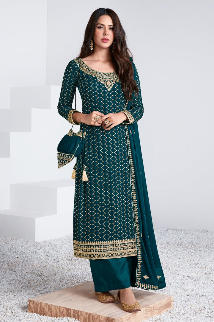 Teal Color Georgette Fabric Fancy Embroidered Function Wear Designer Palazzo Suit