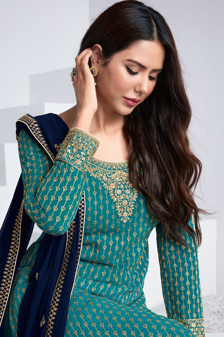 Cyan Color Function Wear Embroidered Georgette Fabric Designer Palazzo Suit