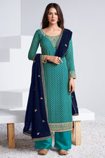 Load image into Gallery viewer, Cyan Color Function Wear Embroidered Georgette Fabric Designer Palazzo Suit
