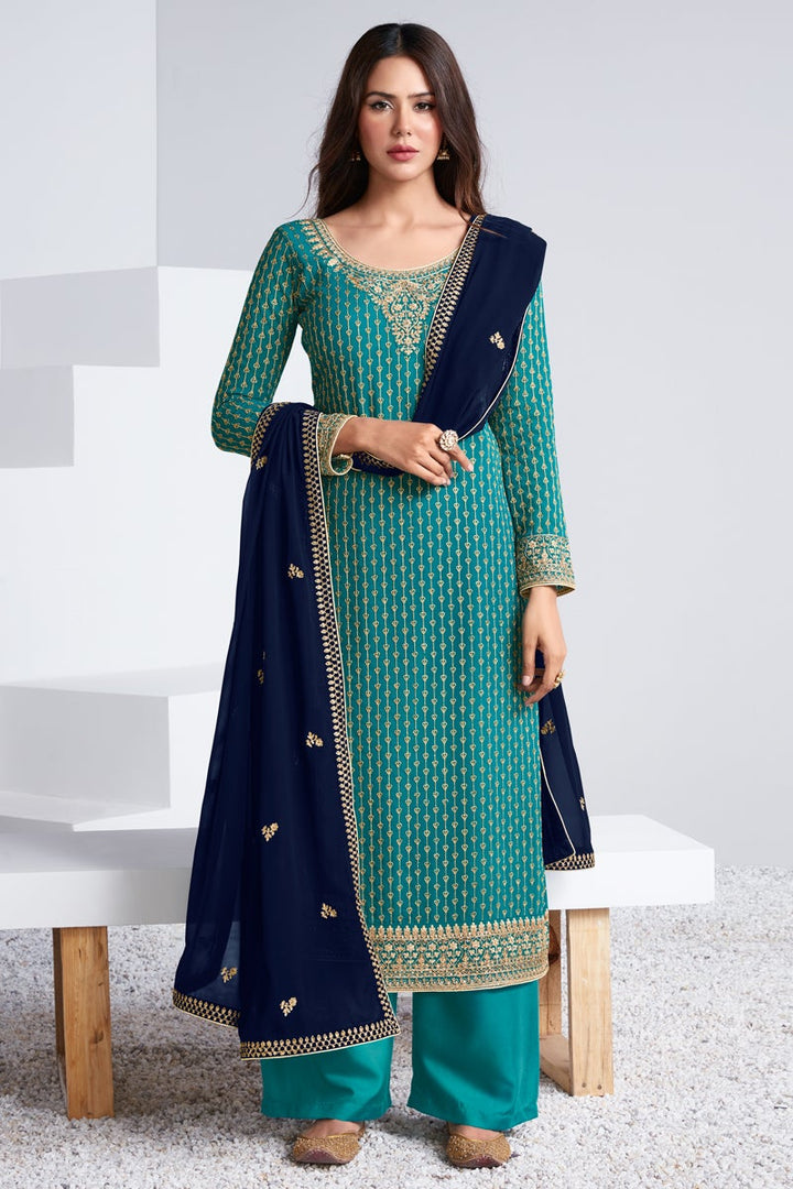 Cyan Color Function Wear Embroidered Georgette Fabric Designer Palazzo Suit