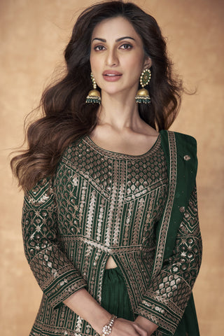 Diksha Singh Captivating Georgette Readymade Sharara Top Lehenga In Dark Green Color