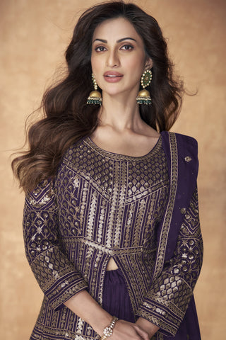 Diksha Singh Appealing Georgette Readymade Sharara Top Lehenga In Purple Color