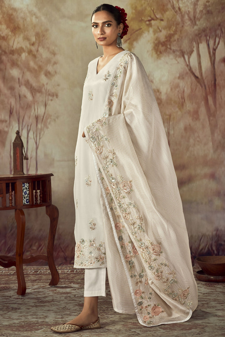 Art Silk Fabric White Color Riveting Salwar Suit In Party Wear