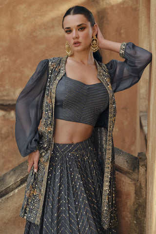 Eugeniya Belousova Grey Color Fascinating Readymade Chinon Silk Lehenga With Koti