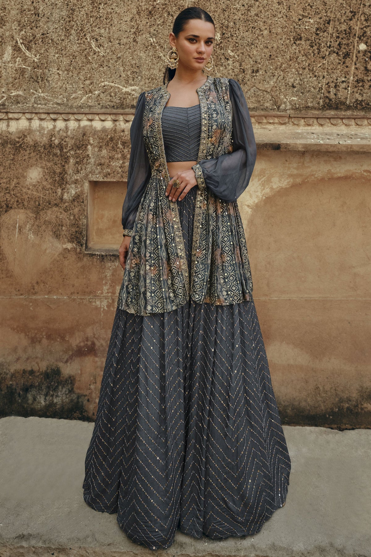 Eugeniya Belousova Grey Color Fascinating Readymade Chinon Silk Lehenga With Koti