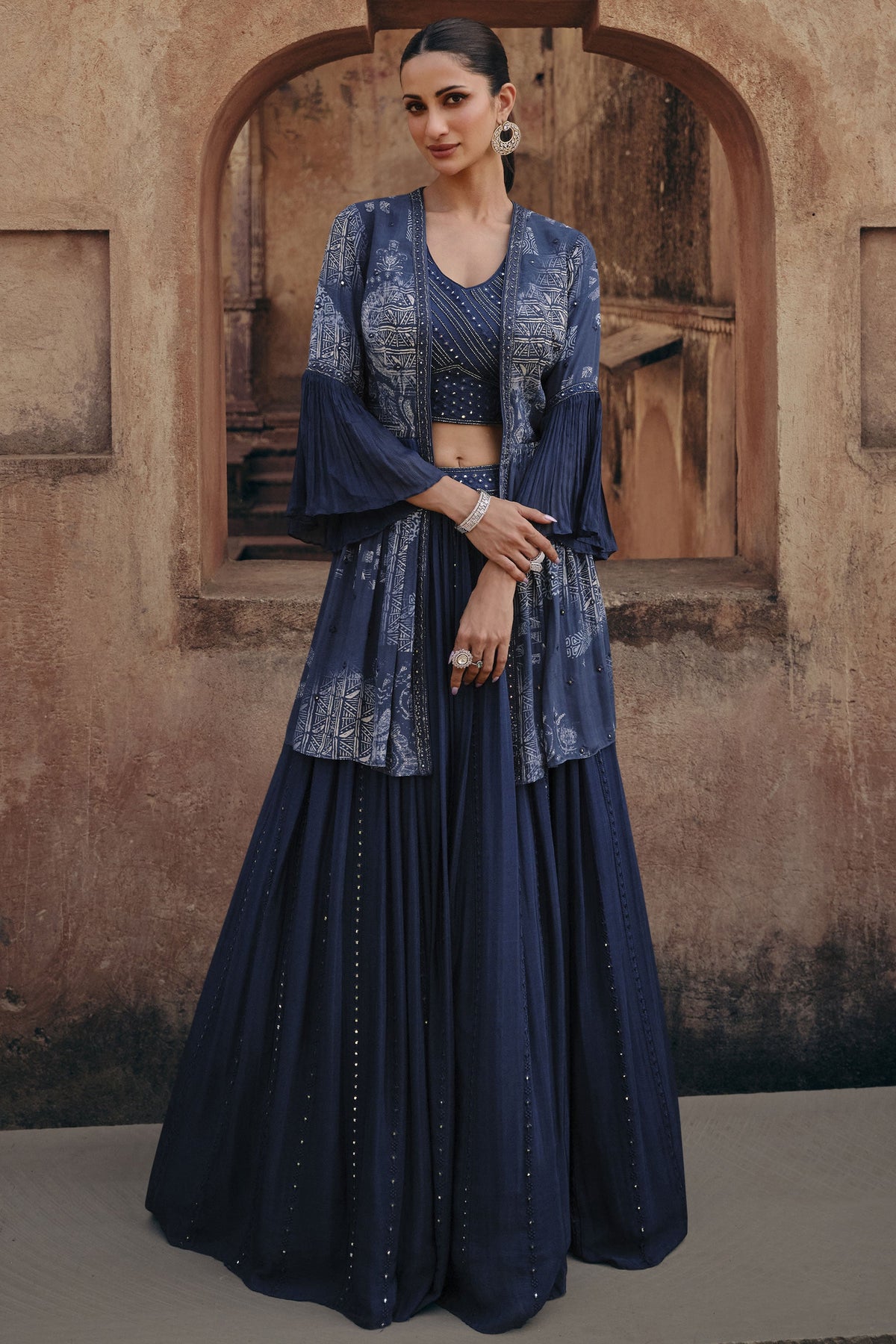 Diksha Singh Navy Blue Color Charismatic Readymade Chinon Silk Lehenga With Koti