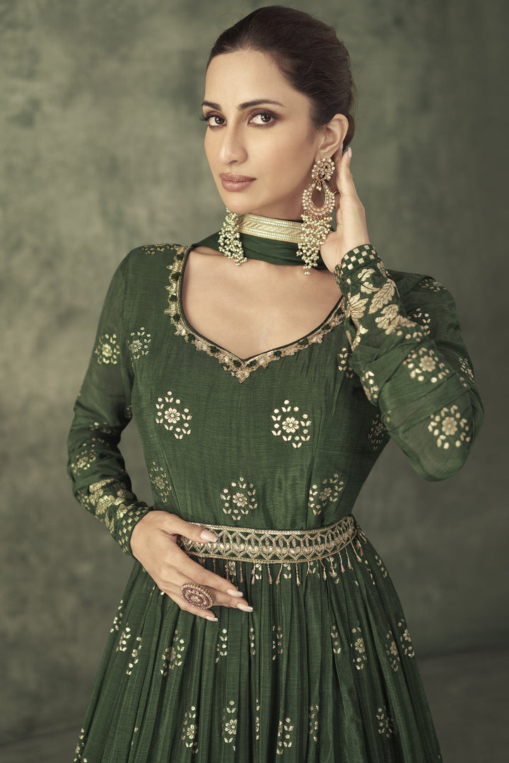 Albescent Dark Green Color Weaving Work Readymade Party Look Gown With Dupatt
