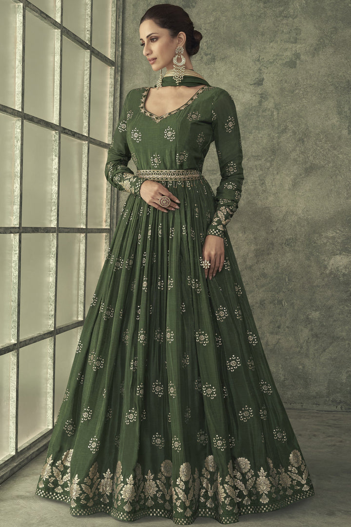 Albescent Dark Green Color Weaving Work Readymade Party Look Gown With Dupatt