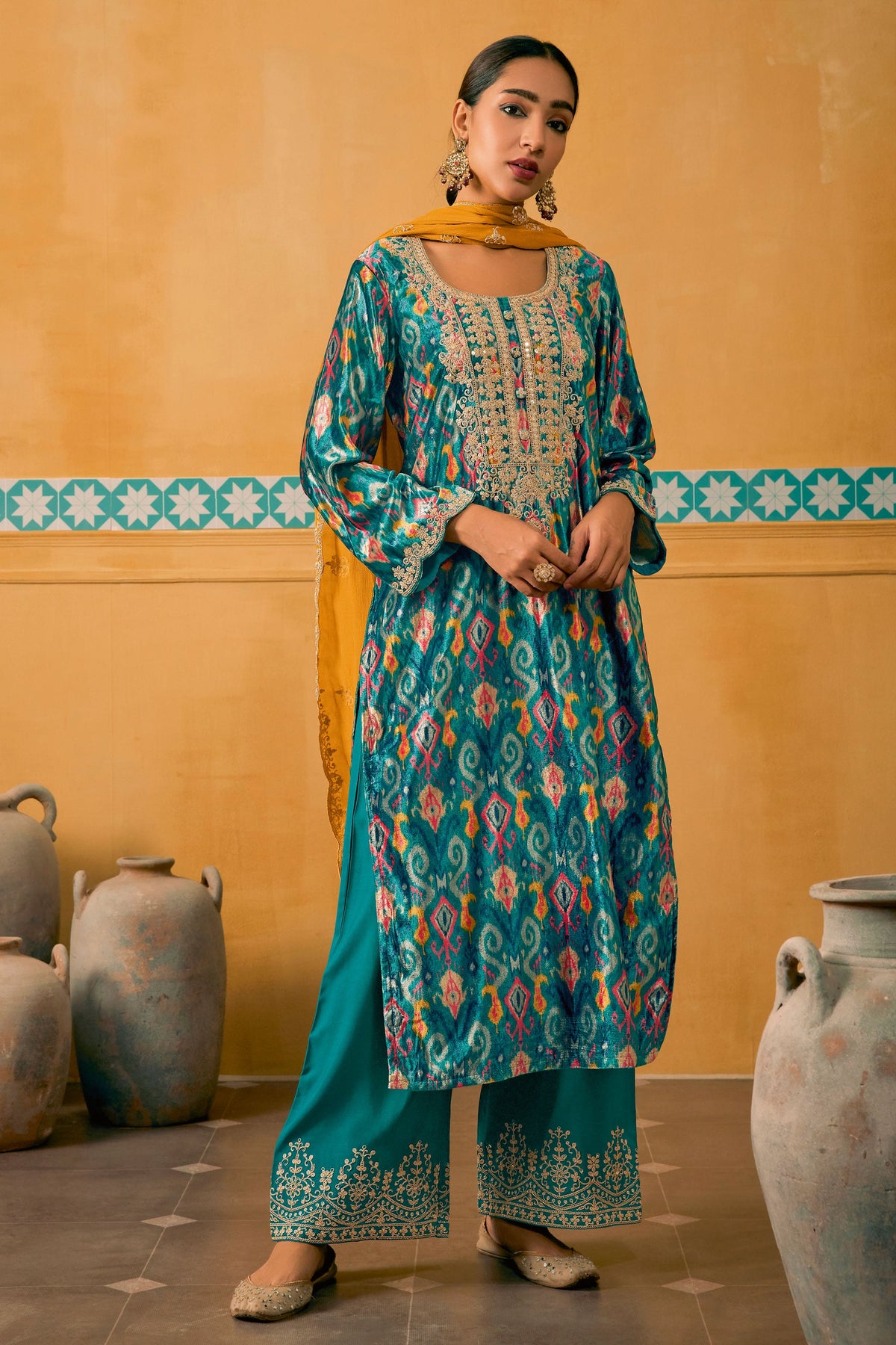 Velvet Fabric Fancy Digital Print Function Wear Palazzo Salwar Kameez In Cyan Color