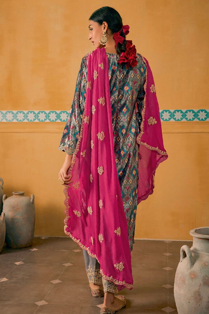 Grey Color Festive Wear Digital Print Designer Salwar Suit In Velvet Fabric
