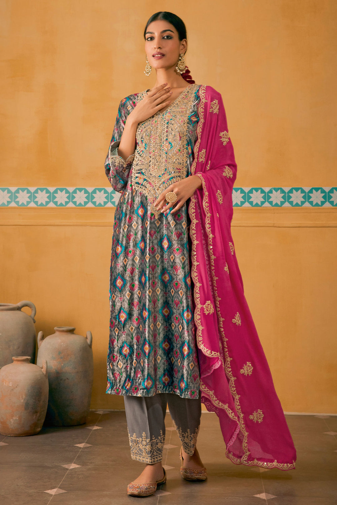 Grey Color Festive Wear Digital Print Designer Salwar Suit In Velvet Fabric