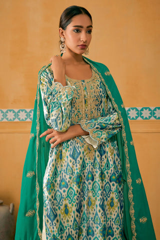 Function Wear Sea Green Color Digital Print Palazzo Suit In Velvet Fabric