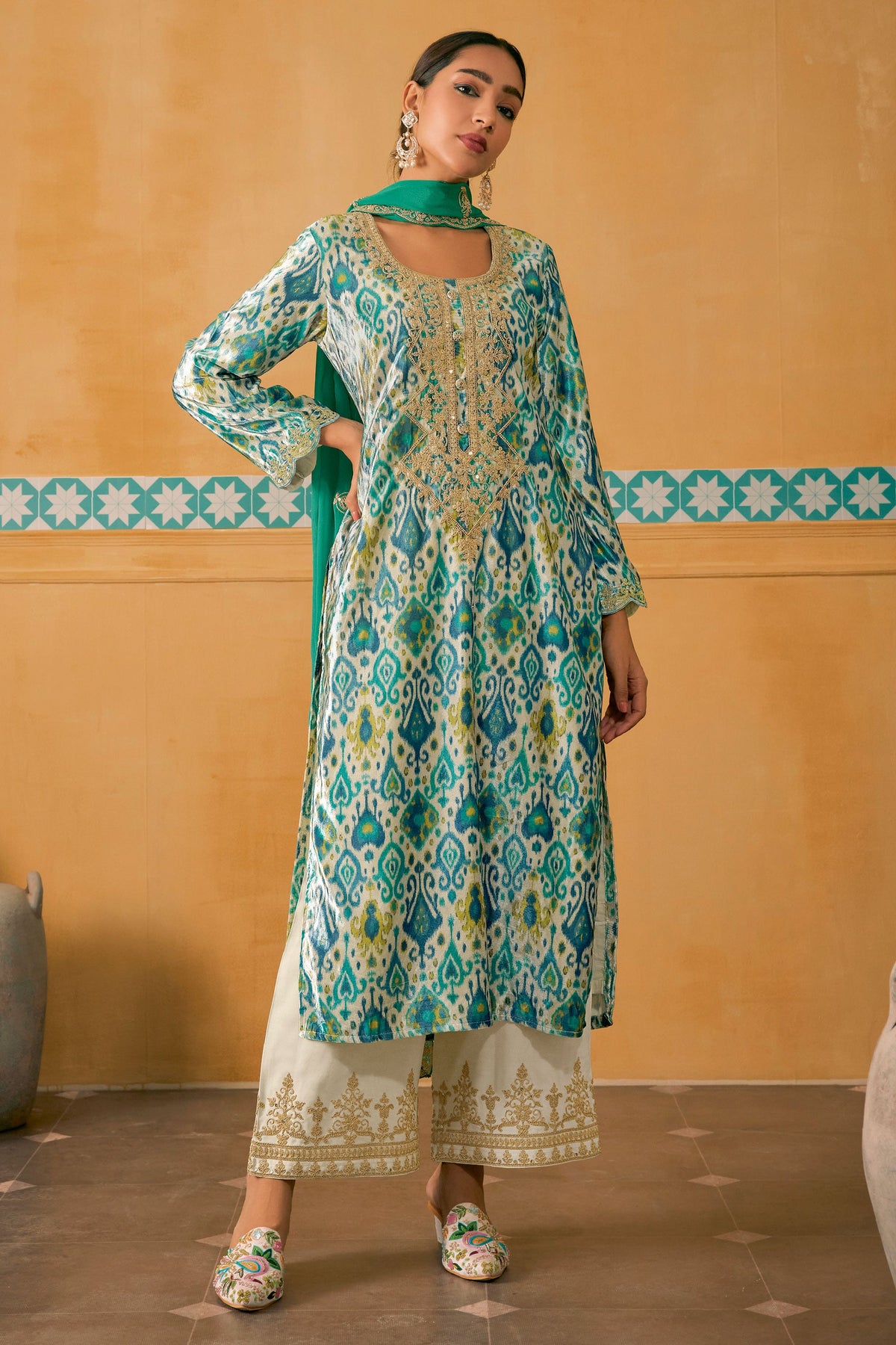 Function Wear Sea Green Color Digital Print Palazzo Suit In Velvet Fabric