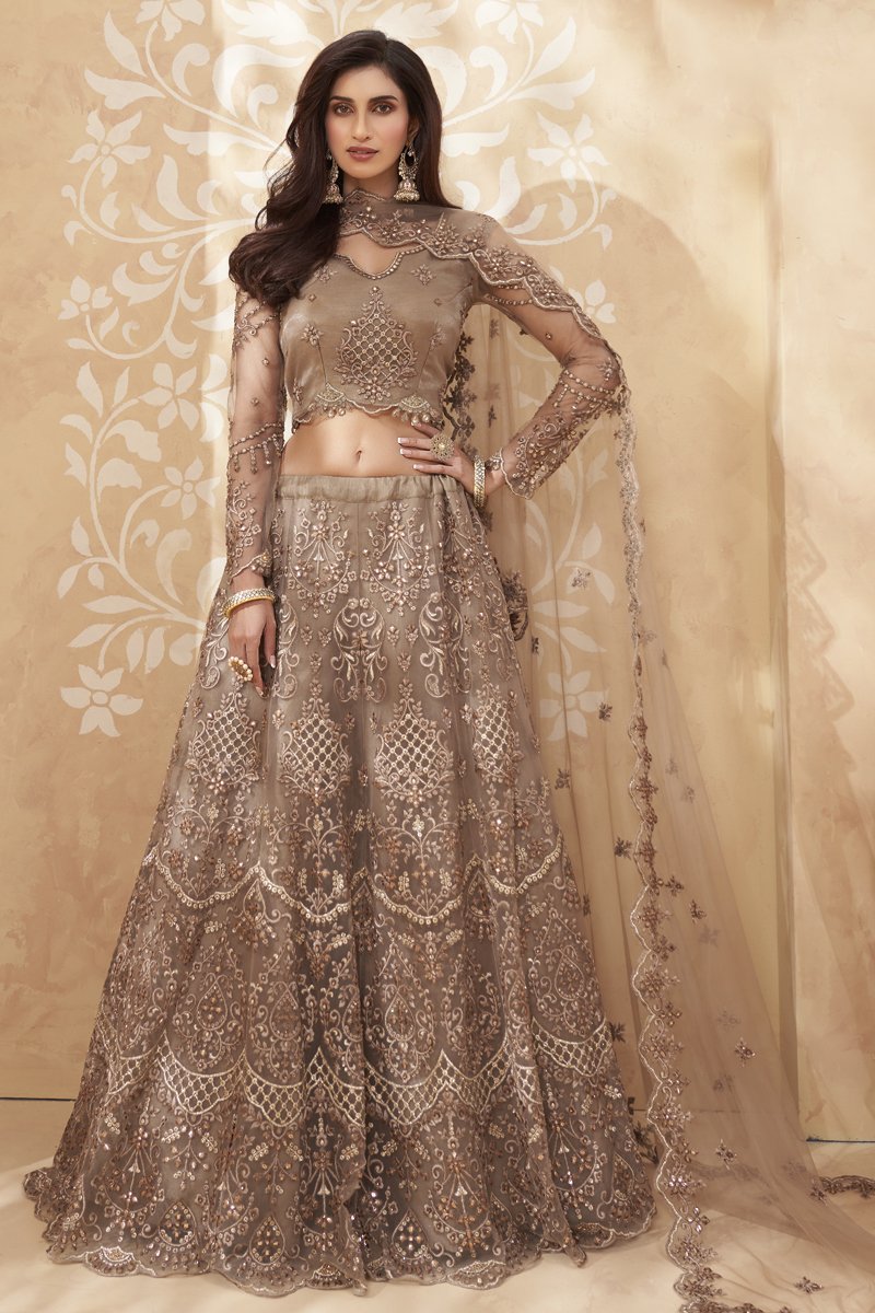 Embroidered Wedding Wear Lehenga Choli In Brown Color Net Fabric