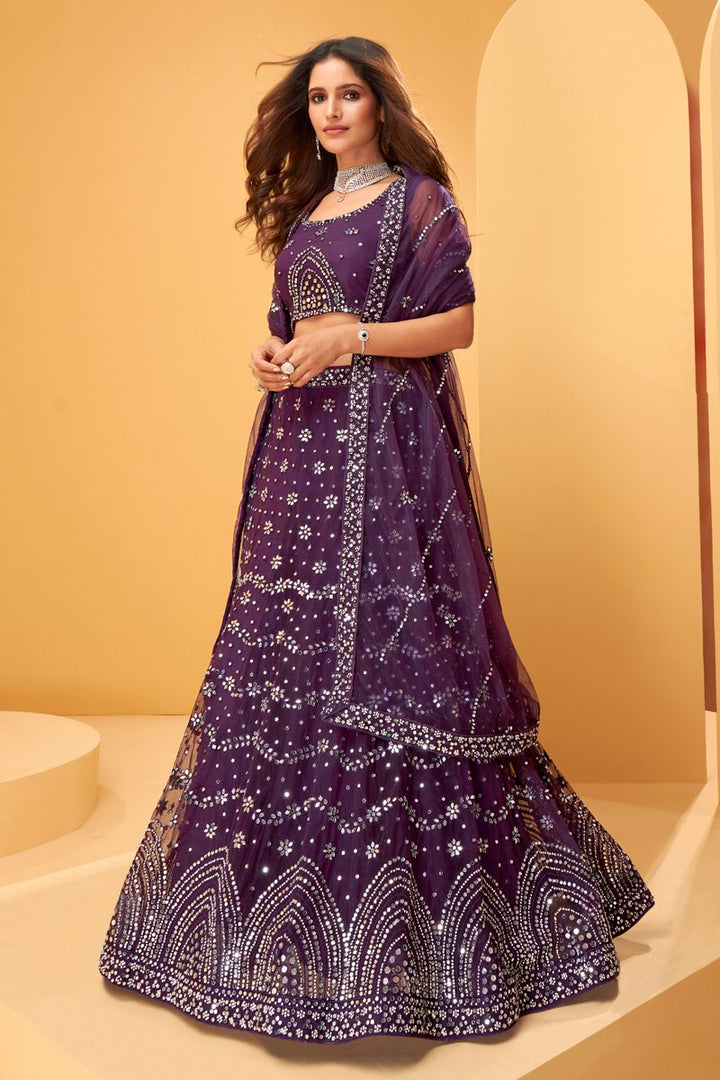 Wedding Wear Purple Color Net Fabric Embroidered Lehenga Choli