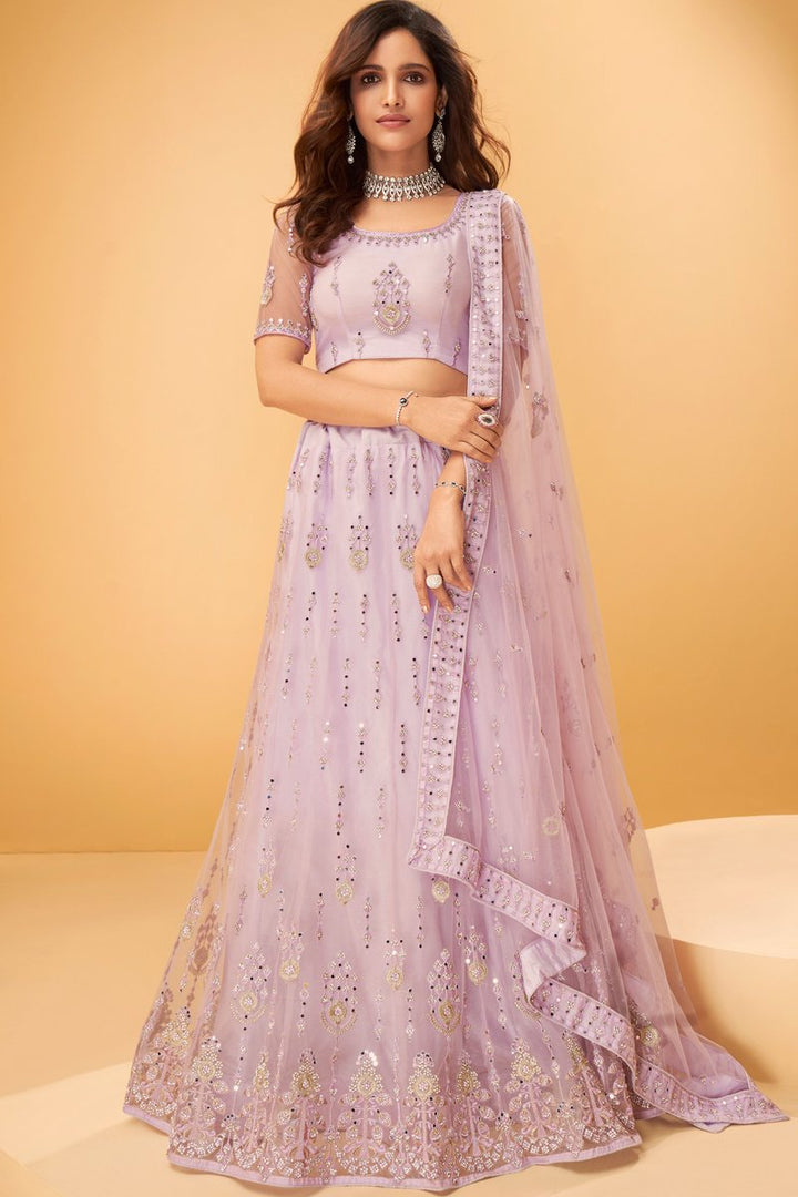 Wedding Wear Lavender Color Embroidered Lehenga Choli In Net Fabric